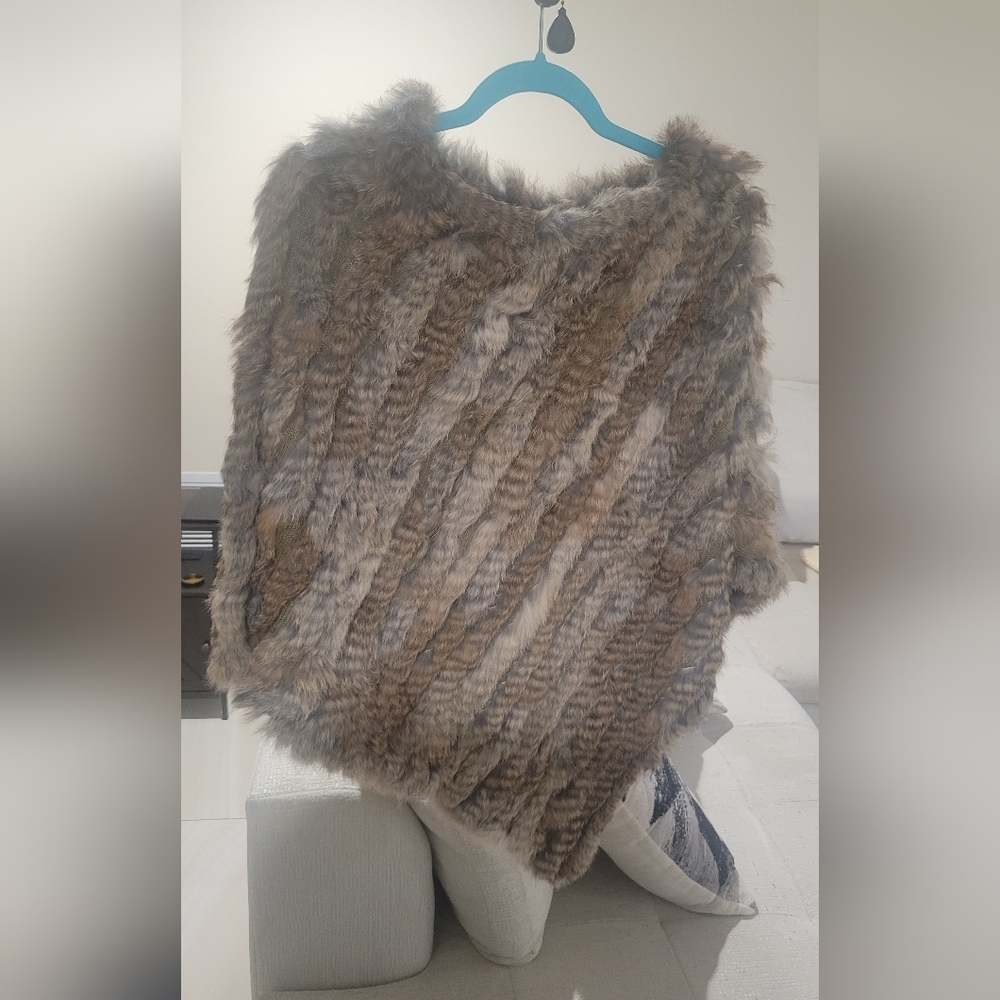 Rabbit Fur Poncho in Brown and Gray